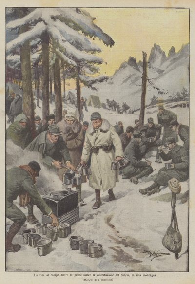 Life at the Camp Behind the Front Lines, Ration Distribution in the High Mountains by Achille Beltrame