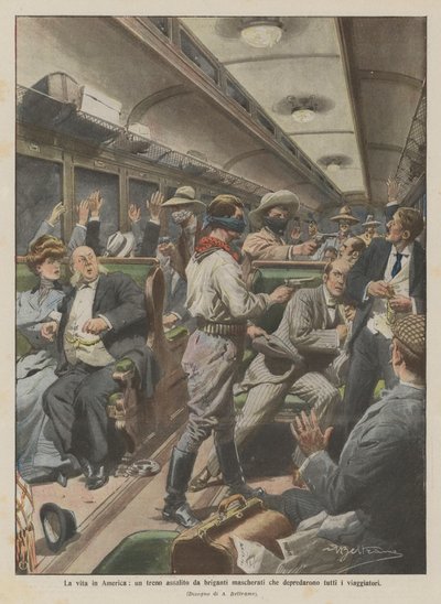 Life in America, a Train Attacked by Masked Bandits Who Robbed All the Passengers by Achille Beltrame