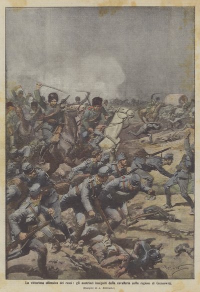 The victorious Russian offensive, the Austrians pursued by cavalry in the Czernowitz region by Achille Beltrame