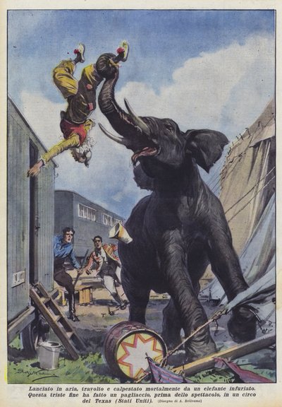 Thrown into the air, trampled and mortally crushed by an enraged elephant by Achille Beltrame