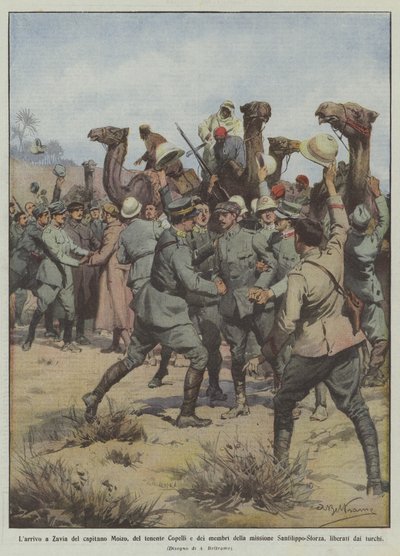 The arrival in Zavia of Captain Moizo, Lieutenant Copelli and the members of the mission by Achille Beltrame