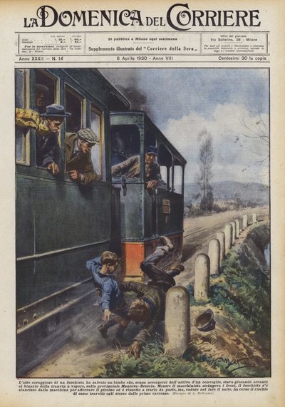 The courageous act of a stoker saved a child who was unaware of the approaching danger by Achille Beltrame