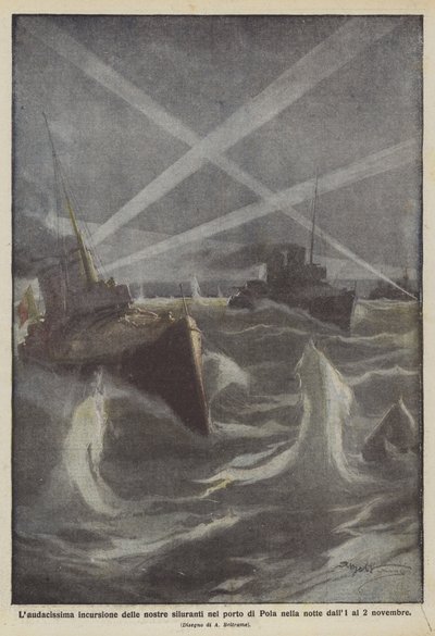The Audacious Raid of Our Torpedo Boats in the Port of Pola on the Night of November 1-2 by Achille Beltrame