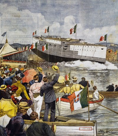 Launching of battleship Regina Margherita in La Spezia, panel by Achille Beltrame, La Domenica del Corriere, June 9 by Achille Beltrame