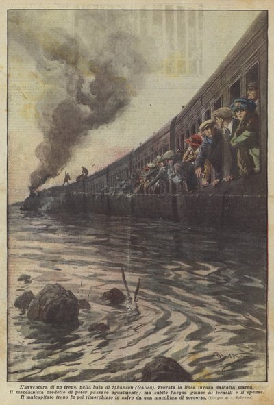 The Adventure of a Train in the Bay of Sthansen (Wales) by Achille Beltrame
