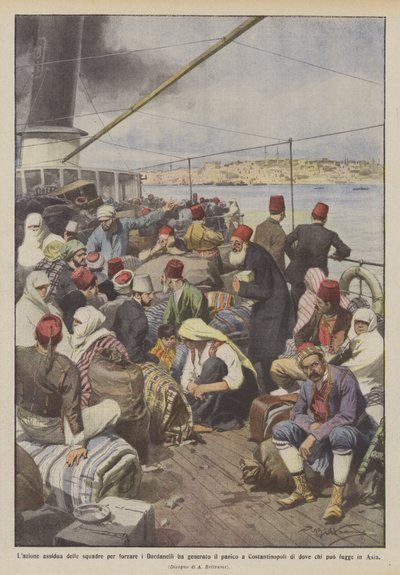 The constant action of the fleets to force the Dardanelles has generated panic in Constantinople by Achille Beltrame