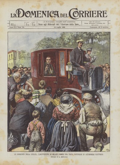 The Conquests of Civilization, The Archbishop of Milan Makes a Pastoral Visit in an Electric Car by Achille Beltrame