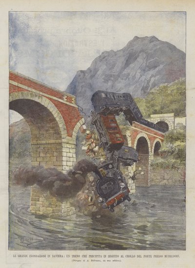The Great Floods in Bavaria, A Train Falling Following the Collapse of the Bridge Near Muihldorf by Achille Beltrame
