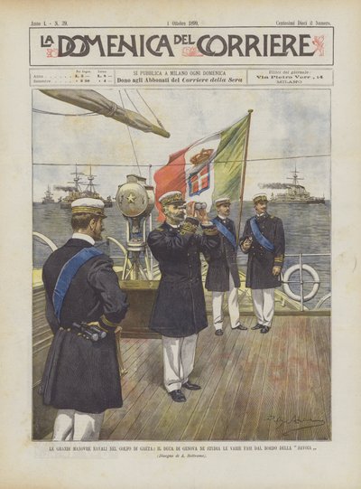 The Great Naval Maneuvers in the Gulf of Gaeta, The Duke of Genoa Studies the Various Phases from the Board of the Savoia by Achille Beltrame