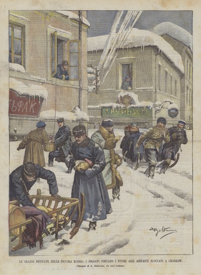 The Great Snowfalls in Little Russia, Soldiers Bring Supplies to the Inhabitants Blocked in Kharkov by Achille Beltrame