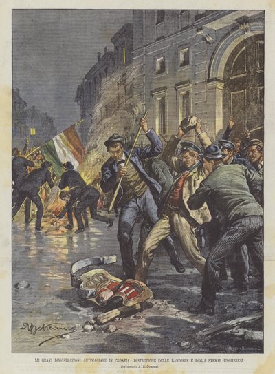 The Serious Anti-Hungarian Demonstrations in Croatia, Destruction of Hungarian Flags and Emblems by Achille Beltrame