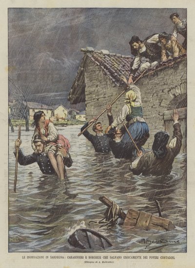 The Floods in Sardinia, Carabinieri and Civilians Heroically Save Poor Peasants by Achille Beltrame