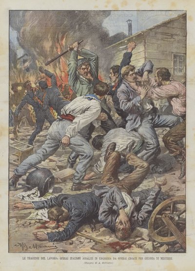 The Tragedies of Labor, Italian Workers Attacked in Hungary by Workers Out of Professional Jealousy by Achille Beltrame