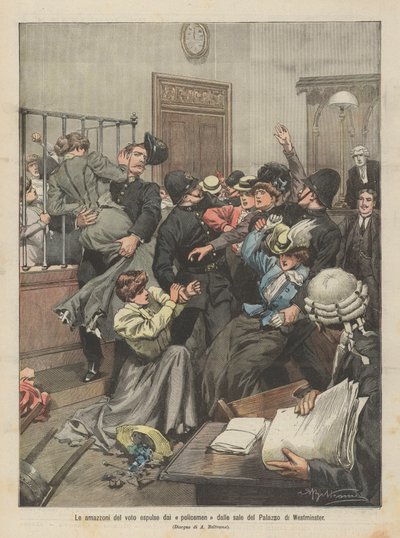 The Amazons of the Vote Expelled by Policemen from the Halls of the Palace of Westminster by Achille Beltrame
