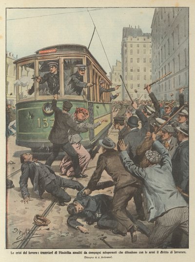 The labor crises, Philadelphia tram drivers attacked by striking comrades who defend with by Achille Beltrame