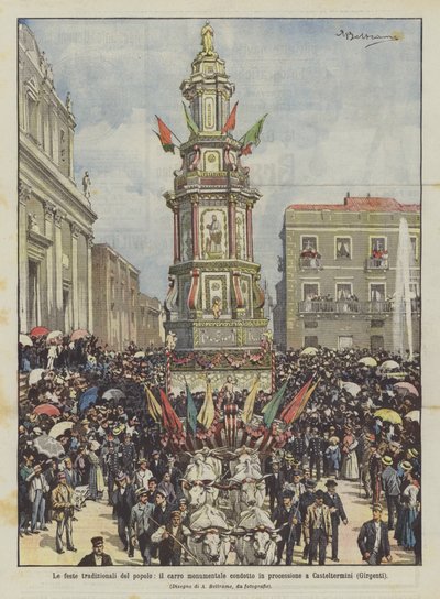 The Traditional Festivals of the People, the Monumental Cart Procession in Casteltermini (Girgenti) by Achille Beltrame
