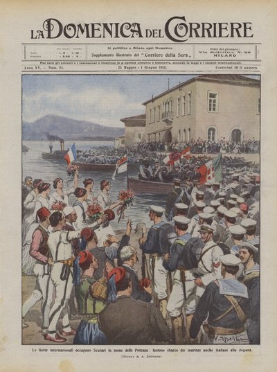 International fleets occupy Scutari in the name of the Powers, festive landing of sailors by Achille Beltrame