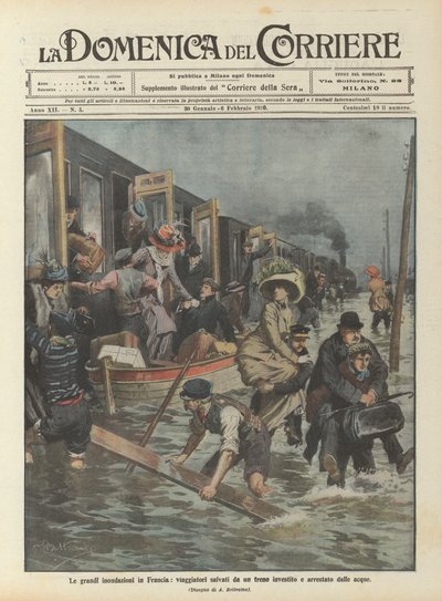 The Great Floods in France, Travelers Rescued from a Train Overwhelmed and Stopped by the Waters by Achille Beltrame