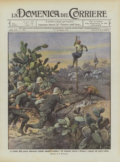 The Dangers of the Italo-Turkish War, Bedouins Sent to Cut Telegraph Wires Around by Achille Beltrame