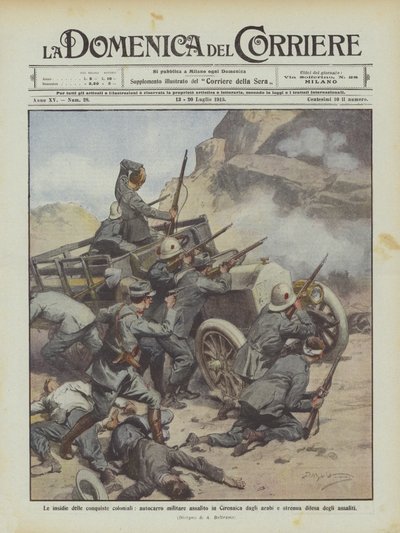 The dangers of colonial conquests, military truck attacked in Cyrenaica by Arabs by Achille Beltrame