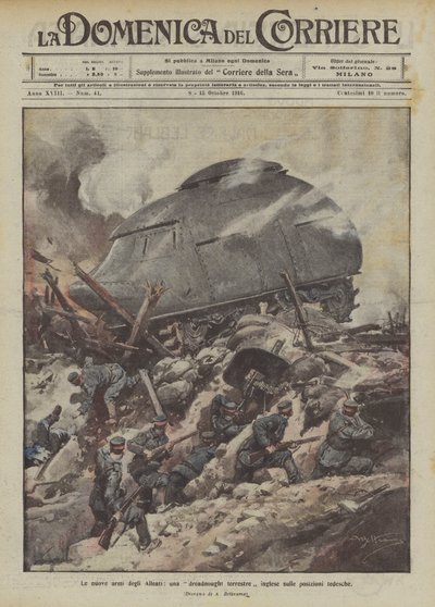 The New Weapons of the Allies, An English Land Dreadnought on German Positions by Achille Beltrame