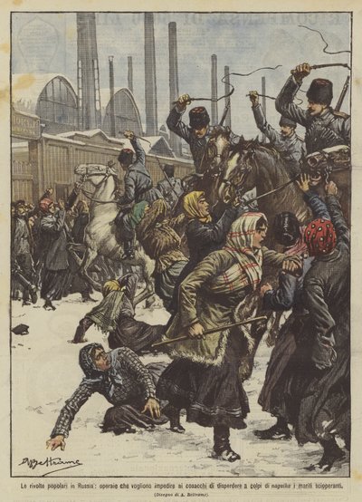 Popular revolts in Russia, workers trying to prevent Cossacks from dispersing them by Achille Beltrame