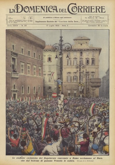 The Cycling Relays of the Dopolavoro Gathered in Rome to Acclaim the Duce, Who from the Balcony... by Achille Beltrame