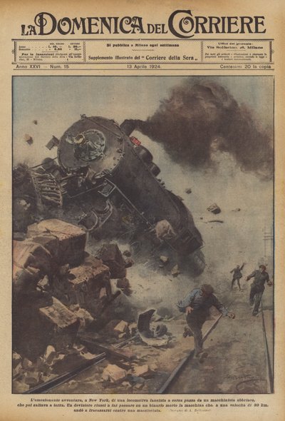 The exciting adventure in New York of a locomotive launched at a mad run by a machinist by Achille Beltrame