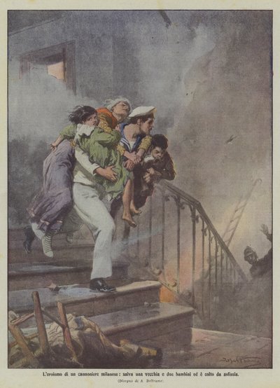 The Heroism of a Milanese Gunner, Saves an Old Woman and Two Children and is Overcome by Asphyxiation by Achille Beltrame