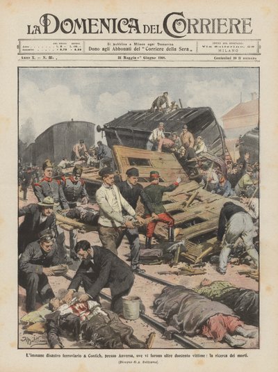The immense railway disaster in Contich, near Antwerp, with over two hundred victims, the search for the dead by Achille Beltrame