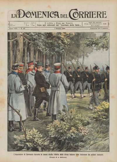 The German Emperor during the hunts studies the effect of the Italian uniforms worn by Achille Beltrame