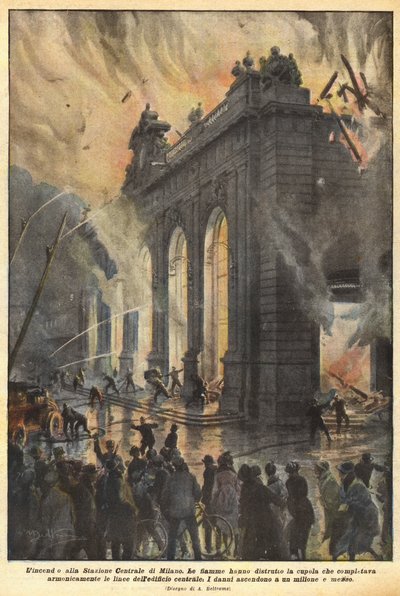 The Fire at Milan Central Station by Achille Beltrame