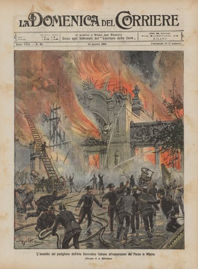 The fire at the Italian Decorative Art pavilion at the Park Exhibition in Milan by Achille Beltrame