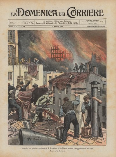 The fire in the Italian quarter of San Francisco, California, bravely extinguished with wine by Achille Beltrame
