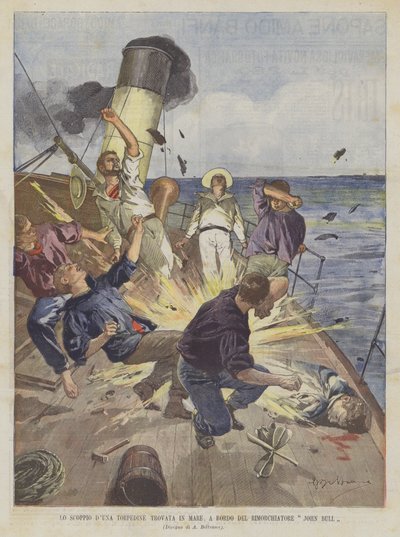 The Explosion of a Torpedo Found at Sea on Board the Tugboat John Bull by Achille Beltrame