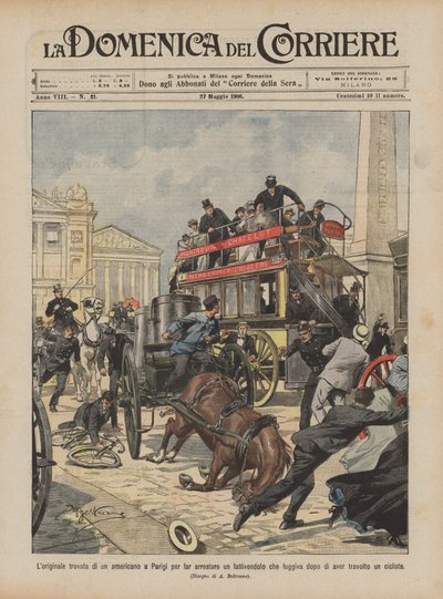 The original idea of an American in Paris to arrest a milkman who was fleeing by Achille Beltrame