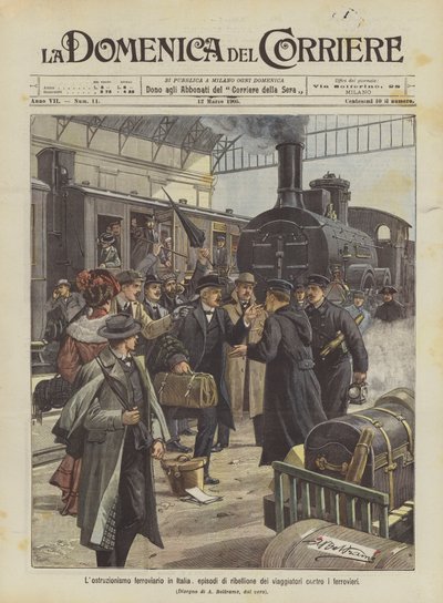 Railway obstructionism in Italy, episodes of rebellion by travelers against railway workers by Achille Beltrame