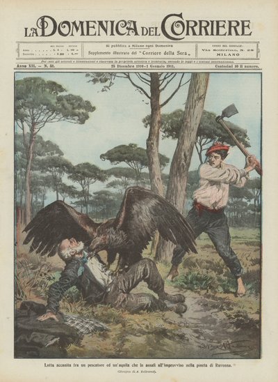Fierce Struggle Between a Fisherman and an Eagle That Suddenly Attacked Him in the Pine Forest of Ravenna by Achille Beltrame