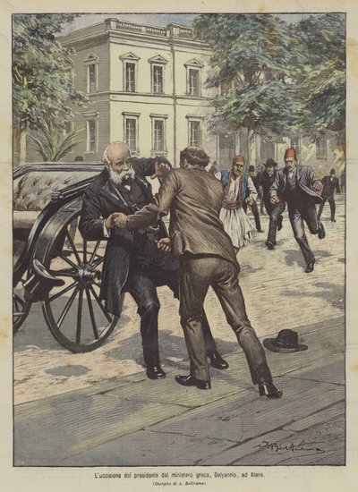 The Assassination of the President of the Greek Ministry, Delyannis, in Athens by Achille Beltrame