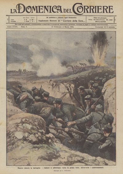 While the Battle Rages, Reinforcements Hurry to the Front Line Through the Trenches by Achille Beltrame