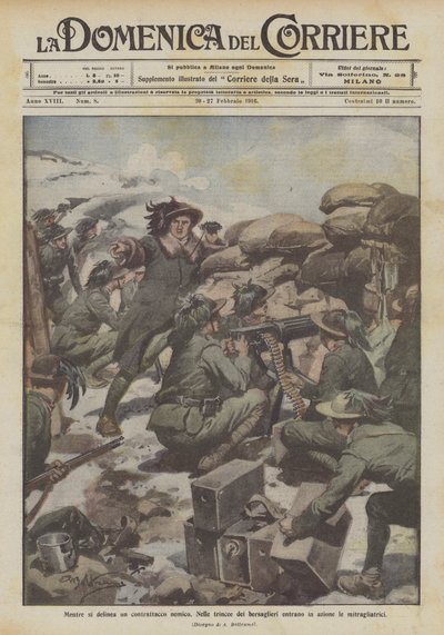 As an Enemy Counterattack Takes Shape, Machine Guns in the Bersaglieri Trenches Spring into Action by Achille Beltrame