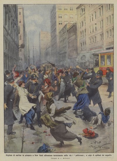 Thousands of Striking Seamstresses in New York Fiercely Confront Policemen by Achille Beltrame