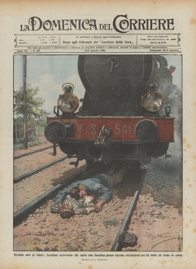 Remarkable act of valor, railway stoker saves a girl near Ancona by lying down by Achille Beltrame