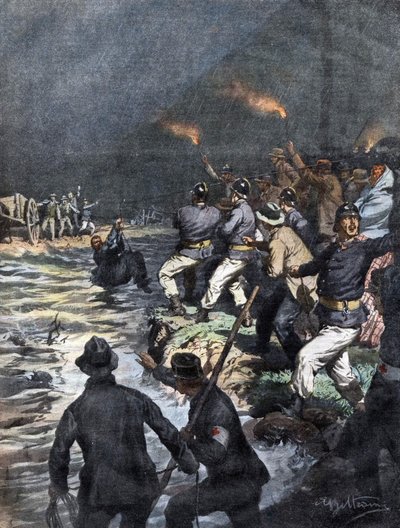 Miraculous rescue of carters blocked on an island on the river Serio near Bergamo - Illustration of Beltrame in La Domenica del Corriere 10/1909 by Achille Beltrame