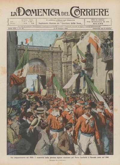 On the fiftieth anniversary of the Mille, the survivors of the glorious legion return through Porta Garibaldi by Achille Beltrame