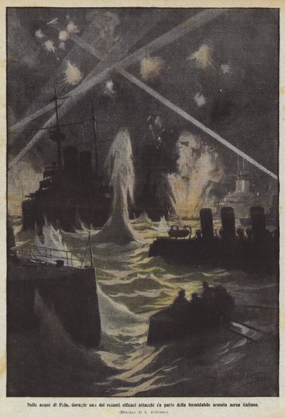 In the Waters of Pola, During One of the Recent Effective Attacks by the Formidable Italian Air Armada by Achille Beltrame