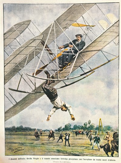 Orville Wright and Lieutenant Seliridge plunging with biplane from thirty meters, illustration by Achille Beltrame from La Domenica del Corriere, October 11 by Achille Beltrame