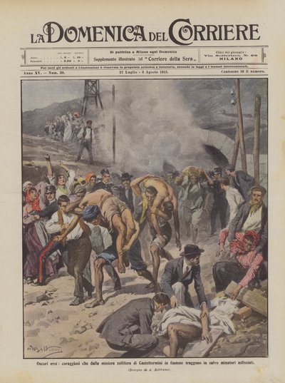 Unknown heroes, brave men who rescue people from the burning sulfur mine of Casteltermini by Achille Beltrame
