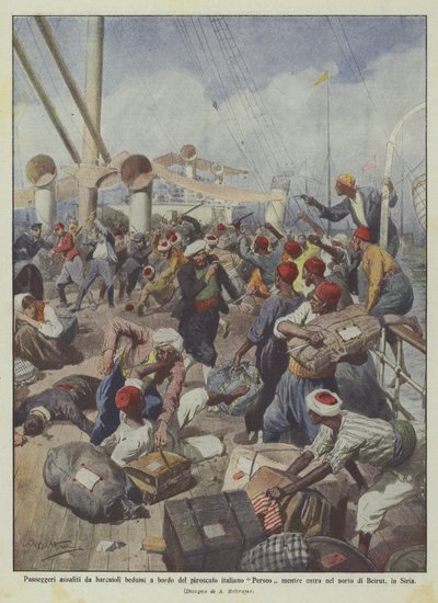 Passengers attacked by Bedouin boatmen aboard the Italian steamer Perseo while entering port by Achille Beltrame
