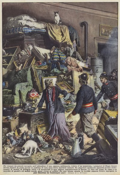To put out a small fire in the home of a millionaire widow of a musician by Achille Beltrame